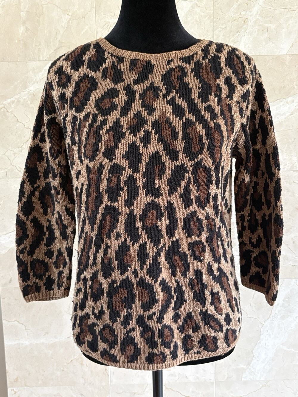 VTG Ralph Lauren Petite Leopard Sweater, Hand Knit Linen Cotton Classic Neutral